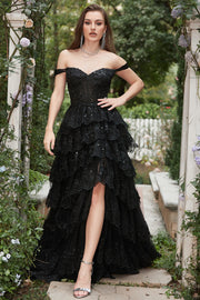 Long Off The Shoulder Black Tiered Formal Dress