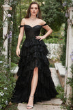 Long Off The Shoulder Black Tiered Formal Dress