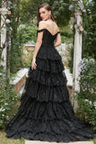 Black Off The Shoulder A-Line Tiered Ruffled Long Corset Formal Dress