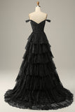 Sparkly Black Pink Tiered Lace A-Line Long Formal Dress with Slit