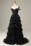 Black Off The Shoulder A-Line Tiered Ruffled Long Corset Formal Dress