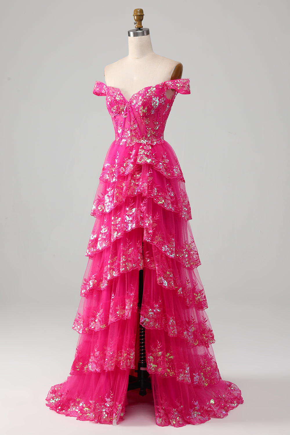 Off The Shoulder Fuchsia Formal Dress with Sequins