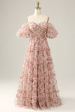 Ivory Red Flower Off The Shoulder Formal Dress