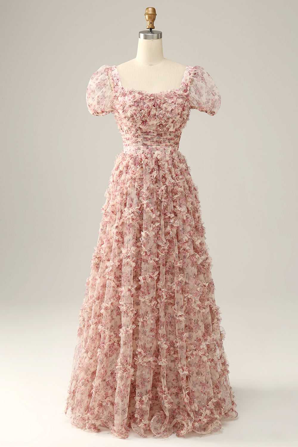 Ivory Red Flower Square Neck Formal Dress