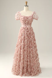 Ivory Red Flower Square Neck Formal Dress