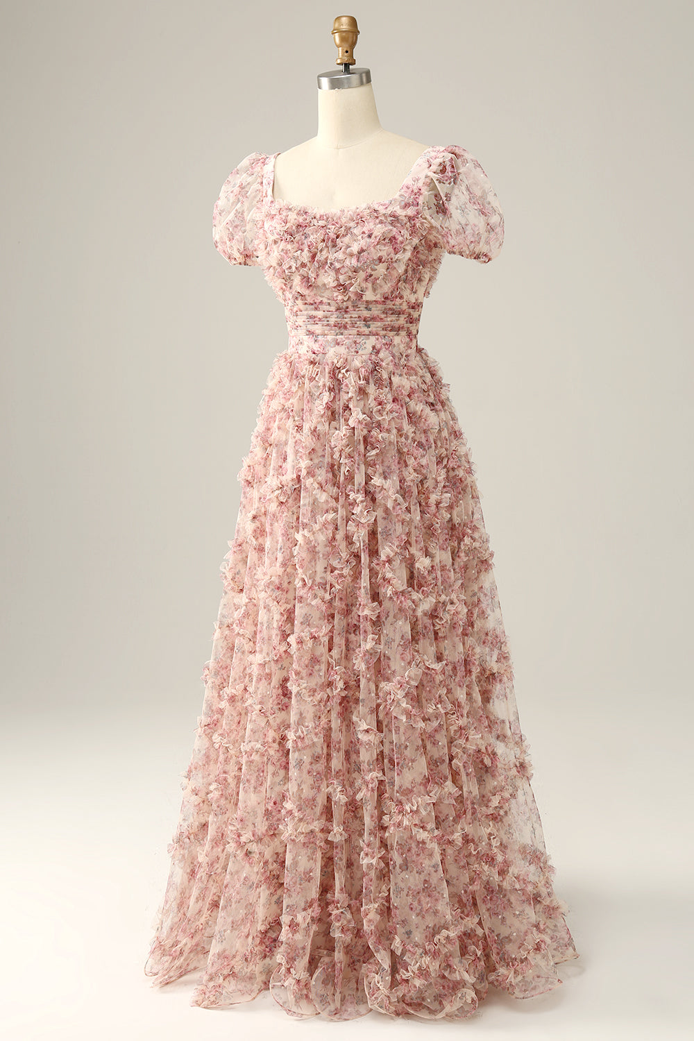 Ivory Red Flower Square Neck Formal Dress