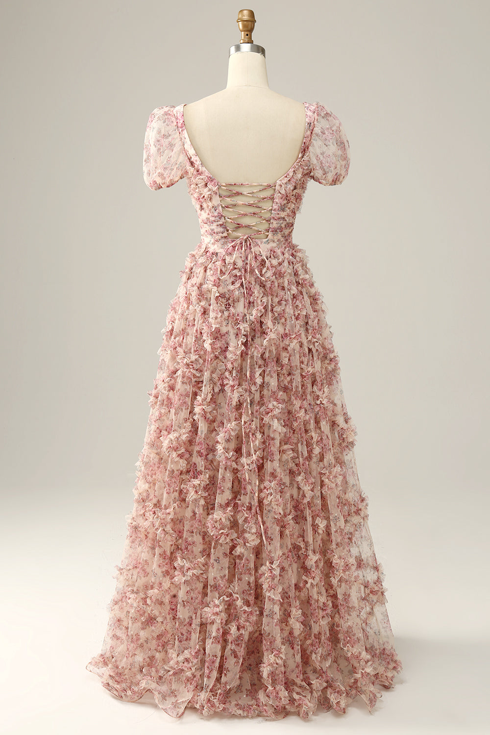 Ivory Red Flower Square Neck Formal Dress