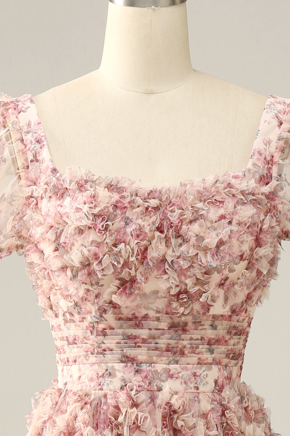 Ivory Red Flower Square Neck Formal Dress