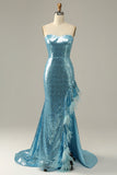 Sky Blue Sweetheart Sequined Mermaid Formal Dress With Feathers