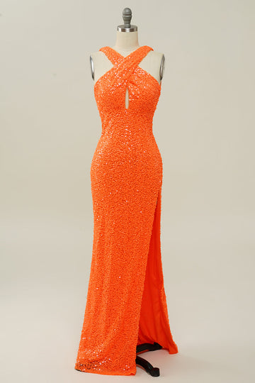 Orange Halter Sequined Backless Mermaid Formal Dress