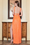 Sheath Halter Orange Sequins Long Formal Dress with Open Back