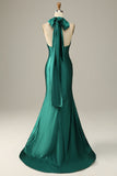 Dark Green Halter Lace Up Mermaid Formal Dress With Slit