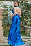 Royal Blue Halter Lace Up Backless Formal Dress