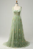 Zapaka Women Green Tulle Corset Long Formal Dress Floral Embroidery A-Line Straps Party Dress