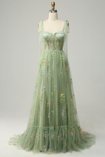 Green Embroidery Floral A Line Corset Tulle Long Formal Dress