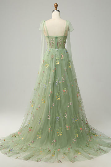 Green Embroidery Floral A Line Corset Tulle Long Formal Dress