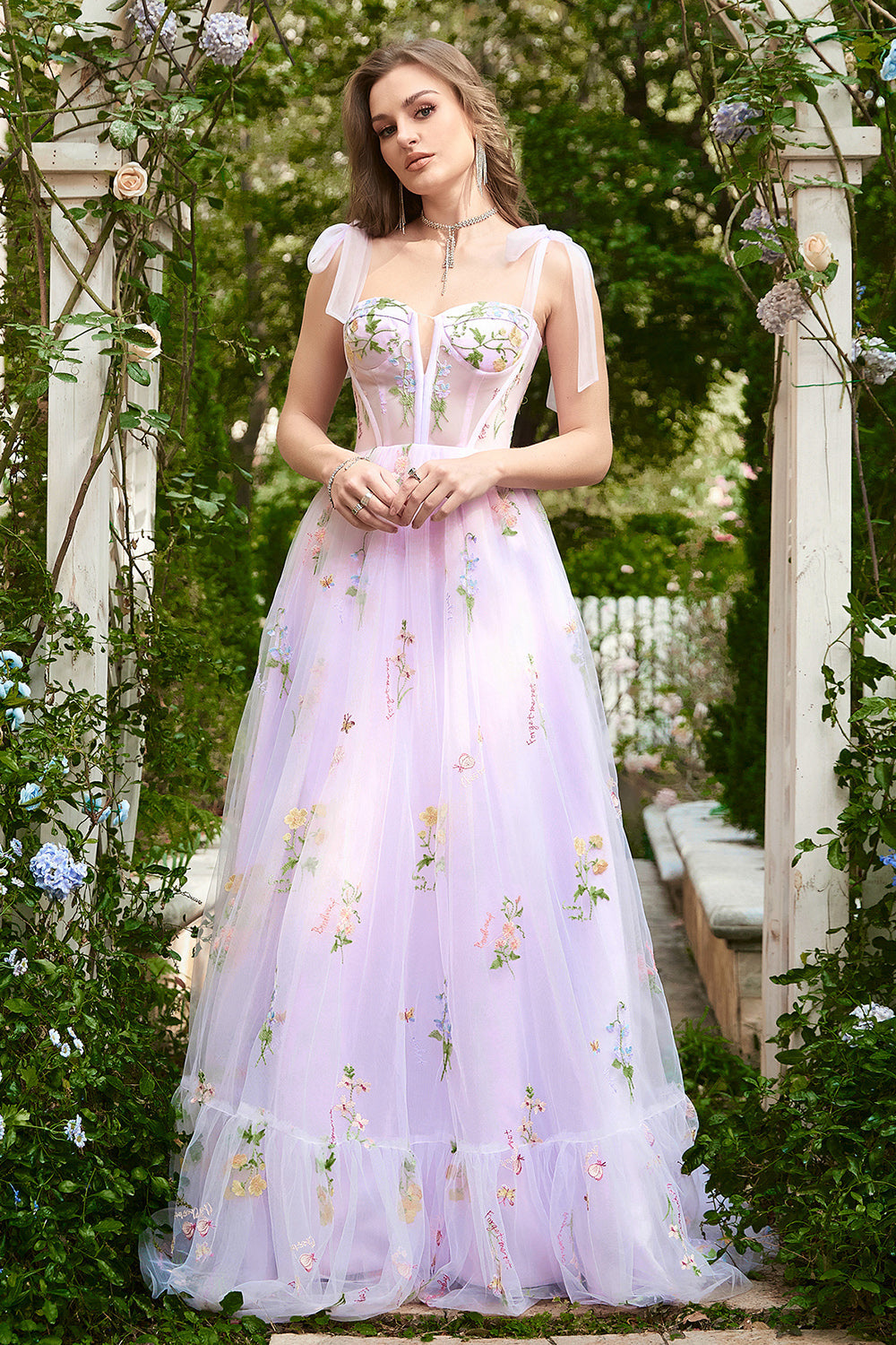 Zapaka Women Lilac Embroidery Corset Long Formal Dress Tulle Floral Straps A-Line Prom Party Dress