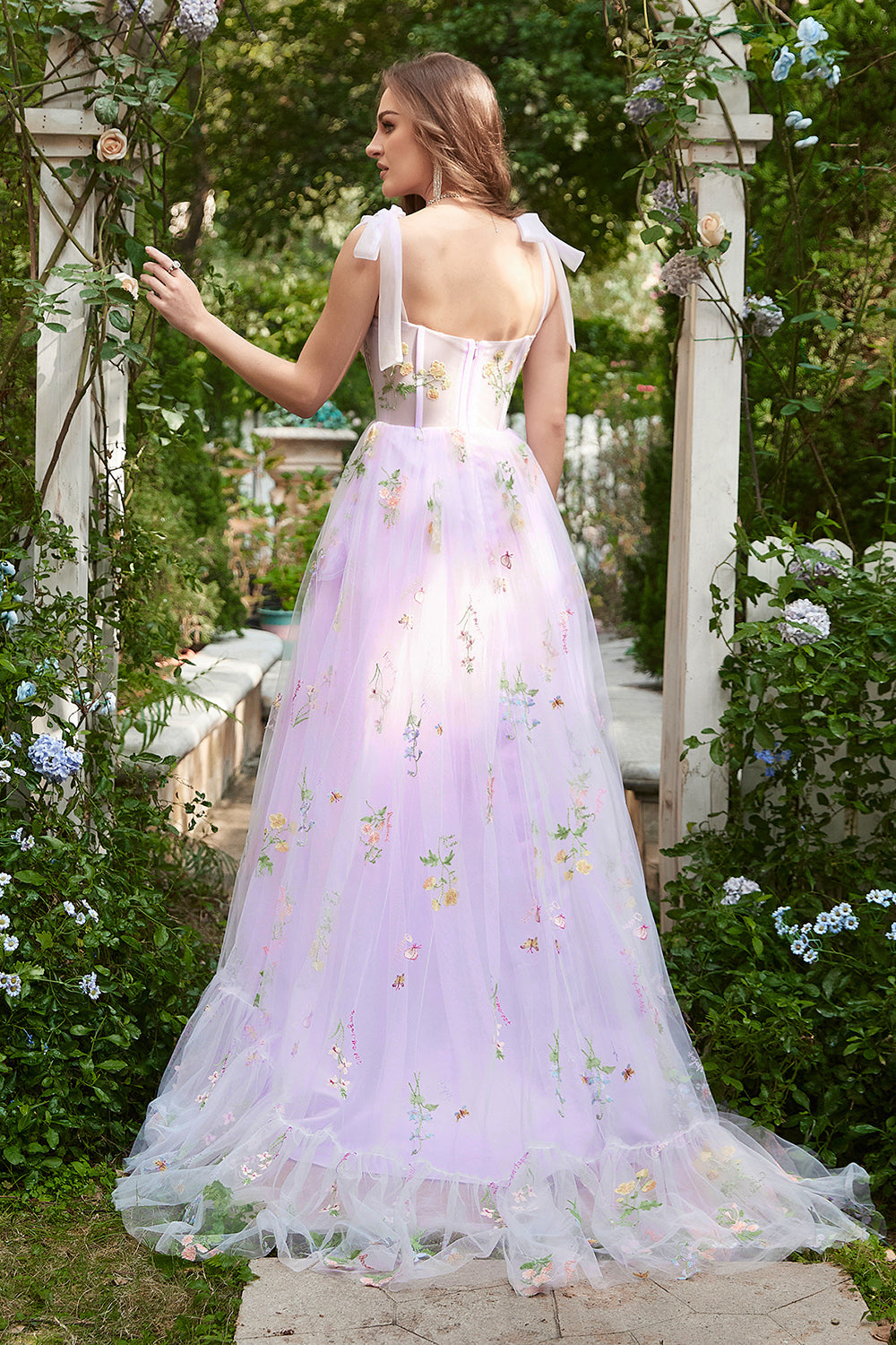 A-Line Lilac Embroidery Corset Long Formal Dress