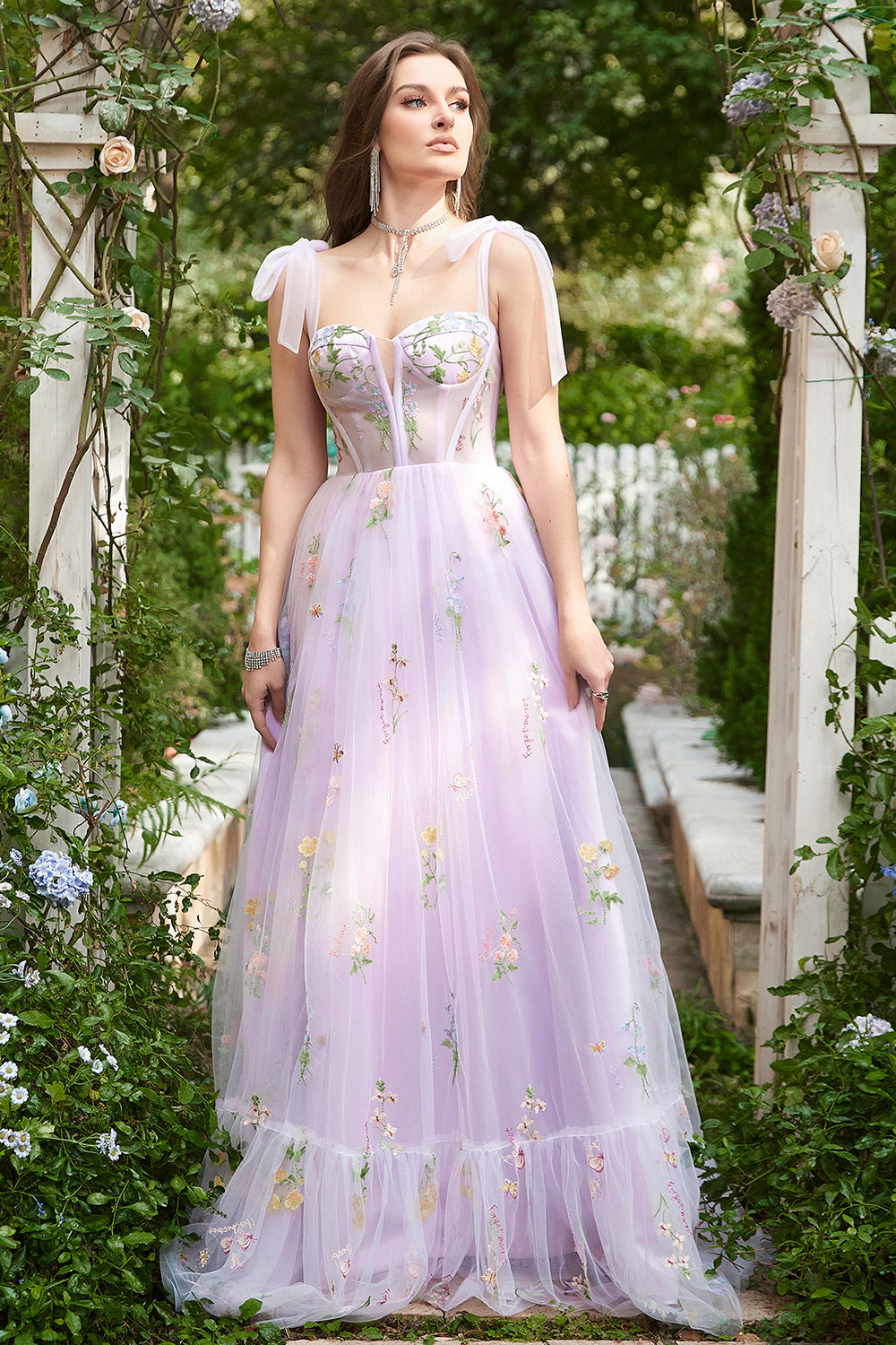 A-Line Lilac Embroidery Corset Long Formal Dress