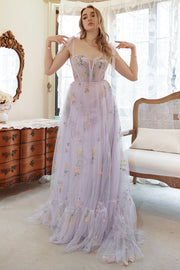 Lavender Tulle A Line Corset Embroidered Plus Size Long Formal Dress