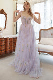 Lavender Tulle A Line Corset Embroidered Plus Size Long Formal Dress