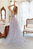Lavender Tulle A Line Corset Embroidered Plus Size Long Formal Dress