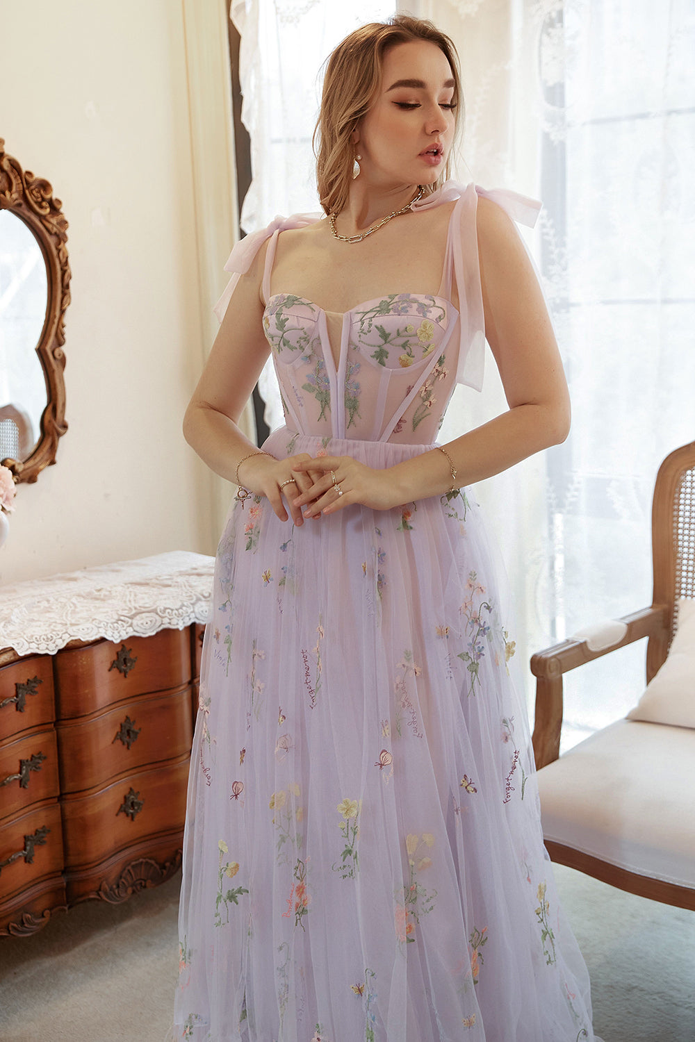 Lavender Tulle A Line Corset Embroidered Plus Size Long Formal Dress