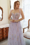 Lavender Tulle A Line Corset Embroidered Plus Size Long Formal Dress