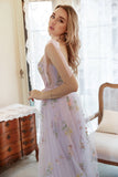 Lavender Tulle A Line Corset Embroidered Plus Size Long Formal Dress
