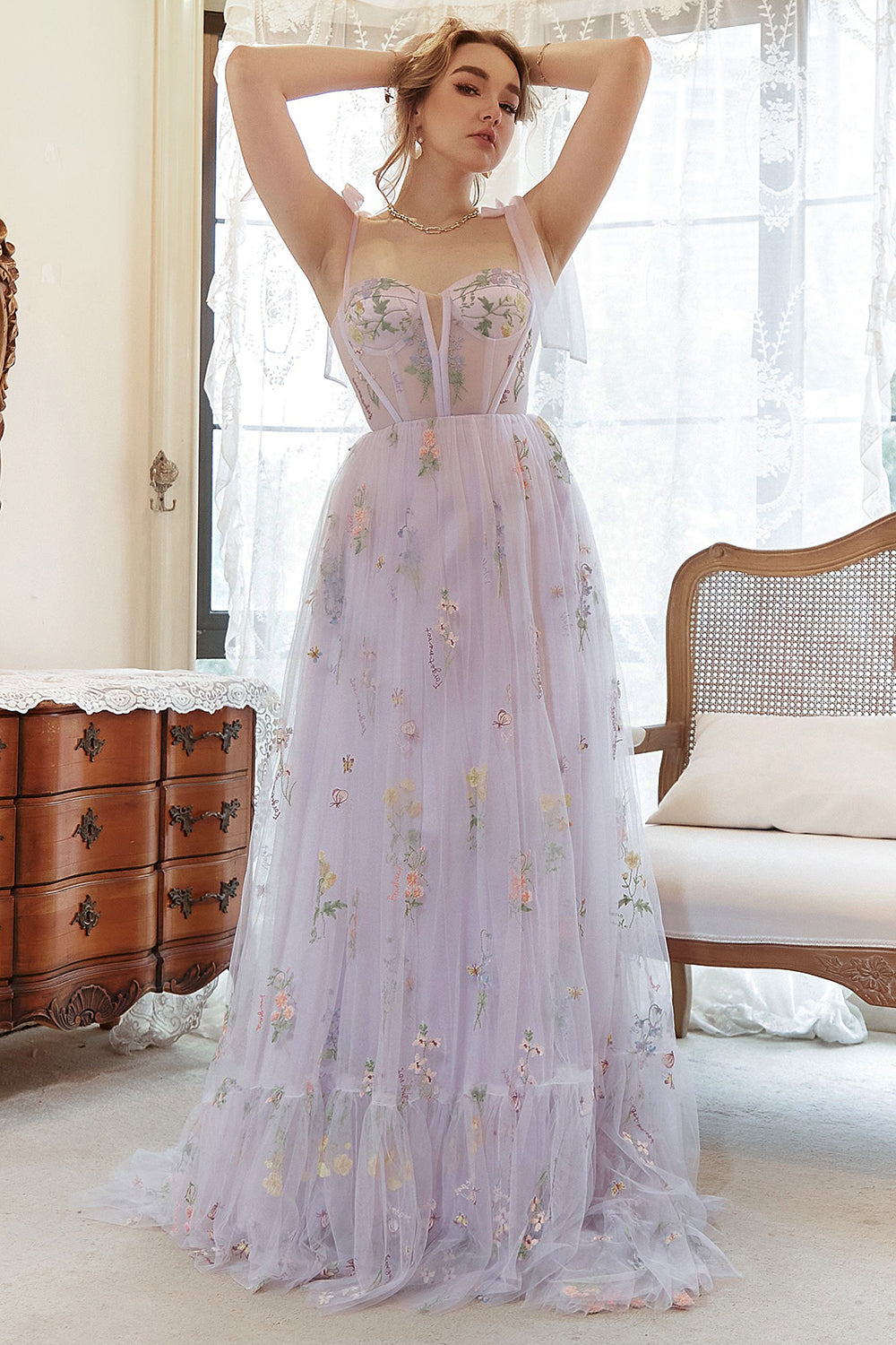 Lavender Tulle A Line Corset Embroidered Plus Size Long Formal Dress