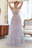 Lavender Tulle A Line Corset Embroidered Plus Size Long Formal Dress