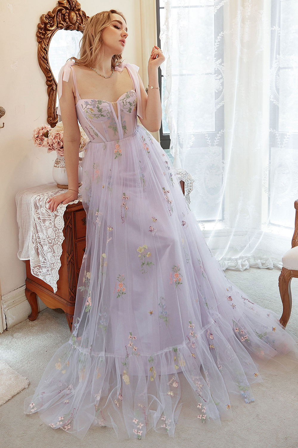 Lavender Tulle A Line Corset Embroidered Plus Size Long Formal Dress