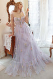 Lavender Tulle A Line Corset Embroidered Plus Size Long Formal Dress