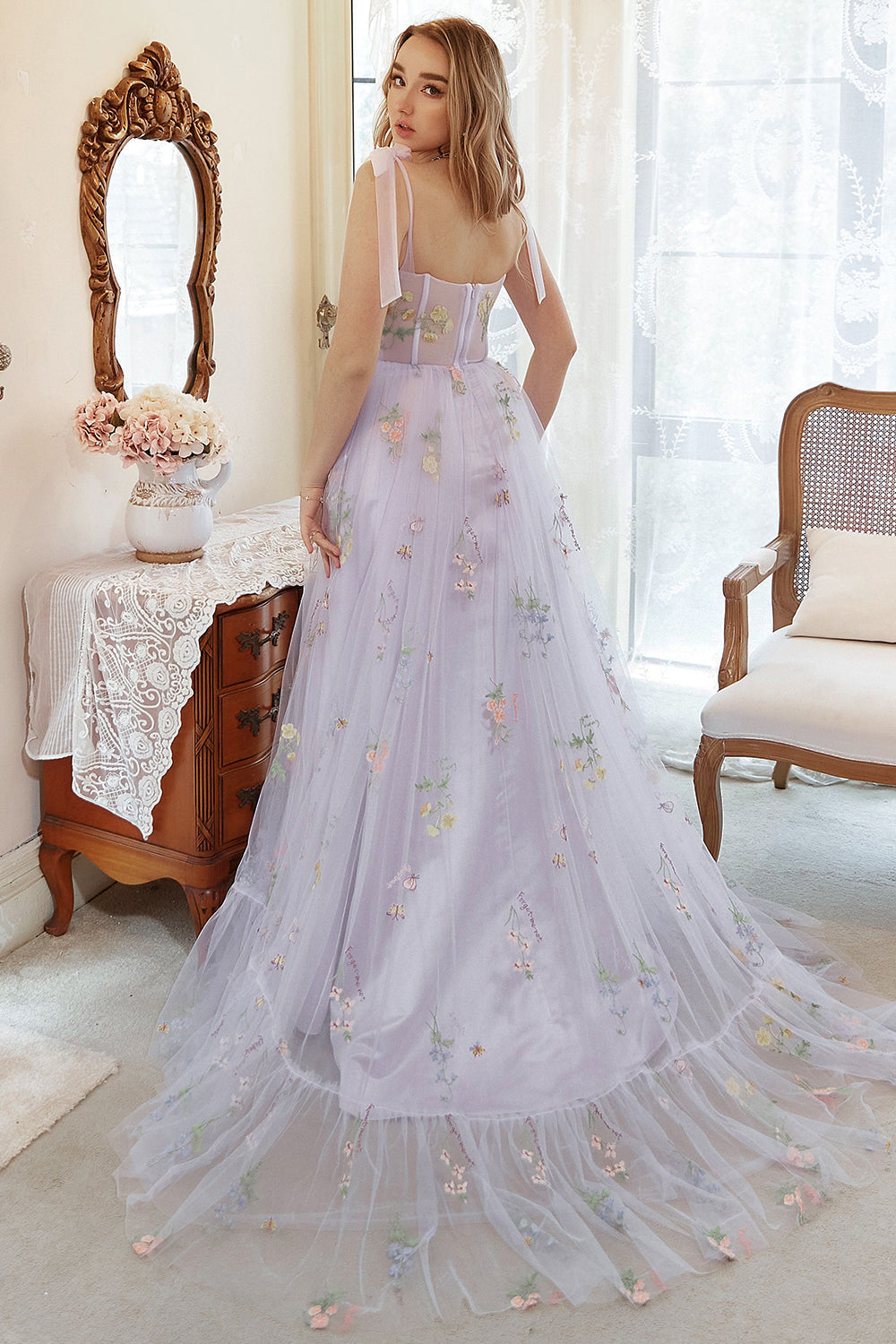 Lavender Tulle A Line Corset Embroidered Plus Size Long Formal Dress