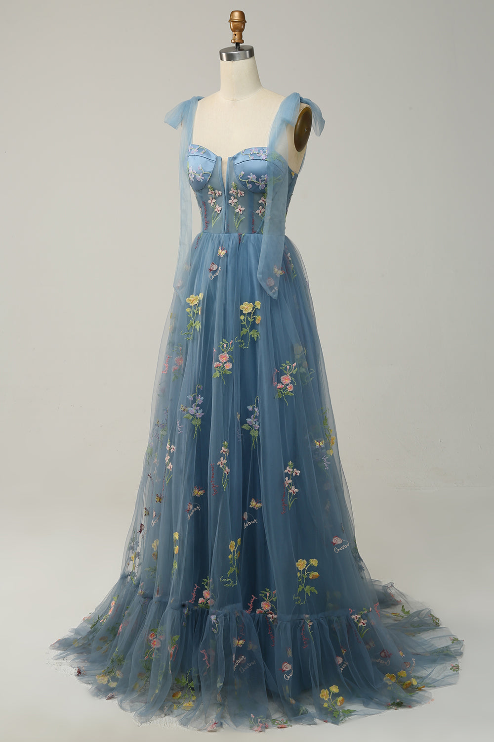 Grey Blue Embroidery Corset Long Formal Dress