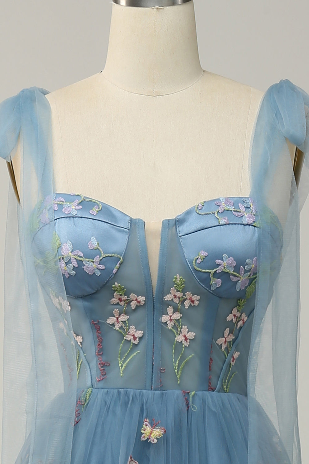 Grey Blue Embroidery Corset Long Formal Dress