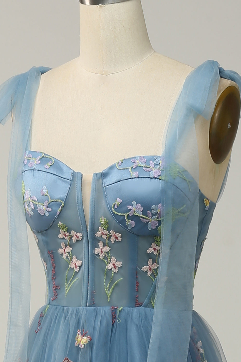 Grey Blue Embroidery Corset Long Formal Dress