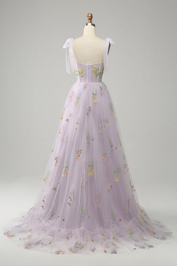 Lavender Embroidery Corset Long Formal Dress