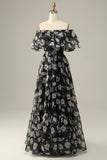 Detachable Strapless Black Flower Off The Shoulder Formal Dress