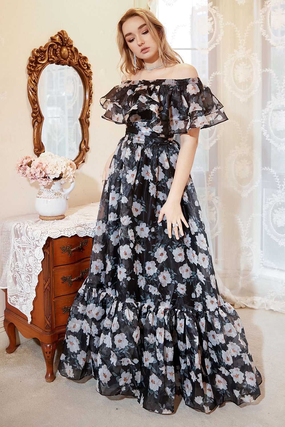 Black Print Off Shoulder Plus Size Formal Dress