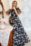 Black Print Off Shoulder Plus Size Formal Dress