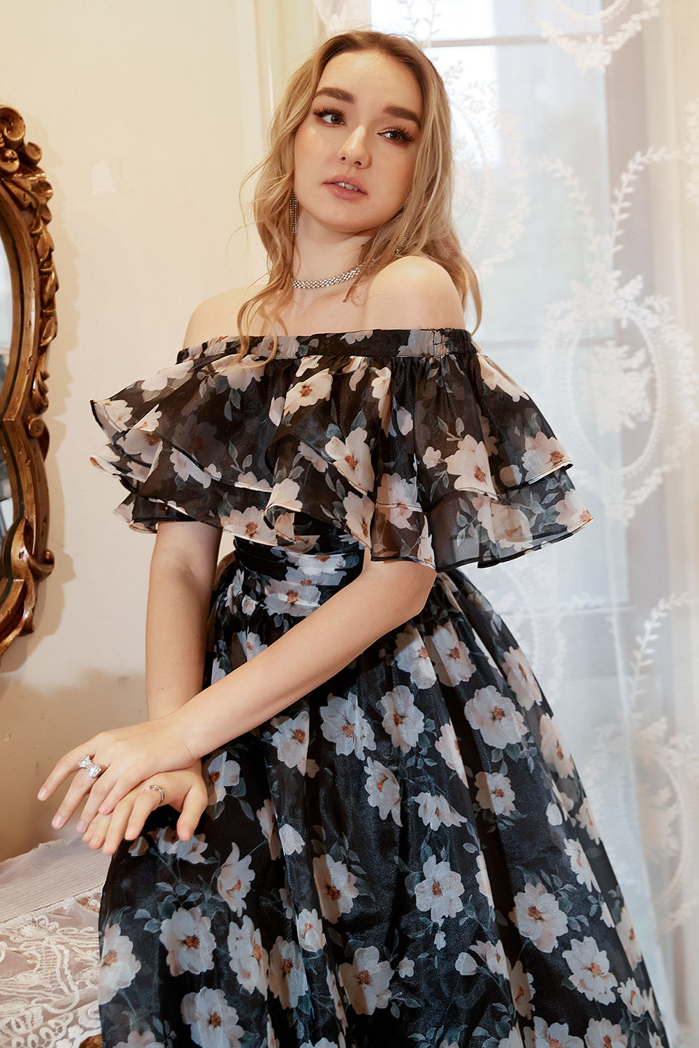 Black Print Off Shoulder Plus Size Formal Dress