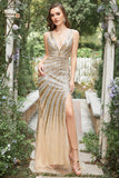 Sparkly Mermaid Deep V Neck Golden Long Formal Dress with Silt