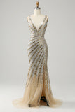 Sparkly Mermaid Deep V Neck Golden Long Formal Dress with Silt