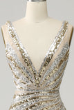 Sparkly Mermaid Deep V Neck Golden Long Formal Dress with Silt