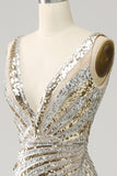 Sparkly Mermaid Deep V Neck Golden Long Formal Dress with Silt