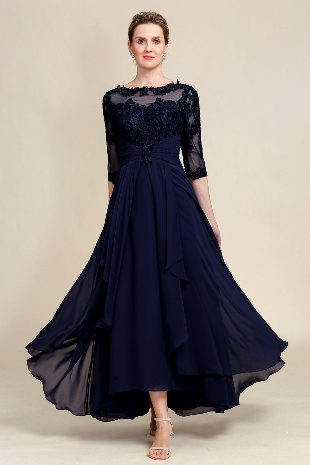 Asymmetrical Navy Mother of Bride Dress with Long Sleeves