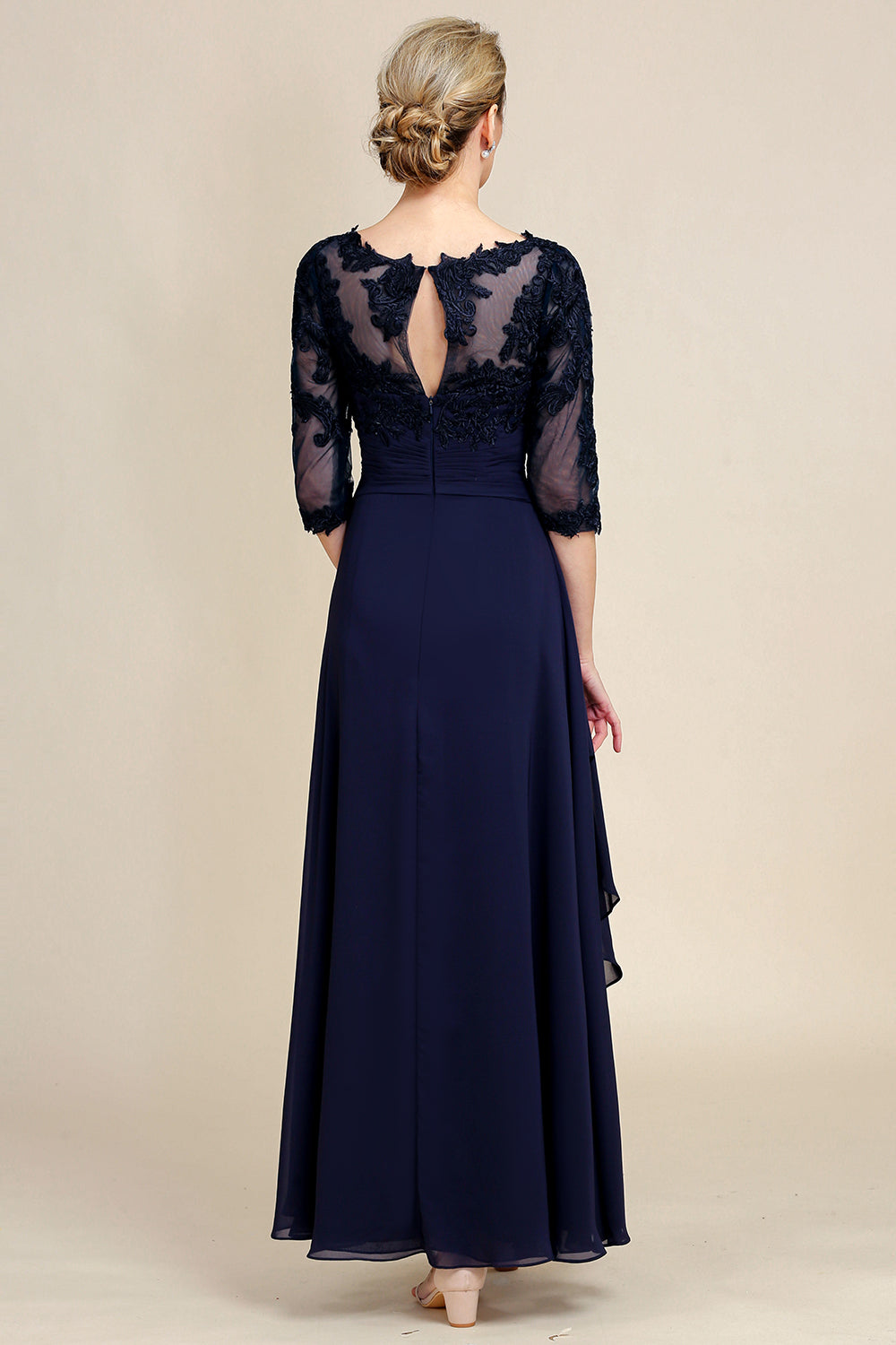 Asymmetrical Navy Mother of Bride Dress with Long Sleeves