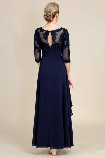 Asymmetrical Navy Mother of Bride Dress with Long Sleeves