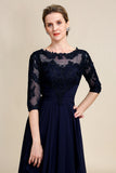 Asymmetrical Navy Mother of Bride Dress with Long Sleeves